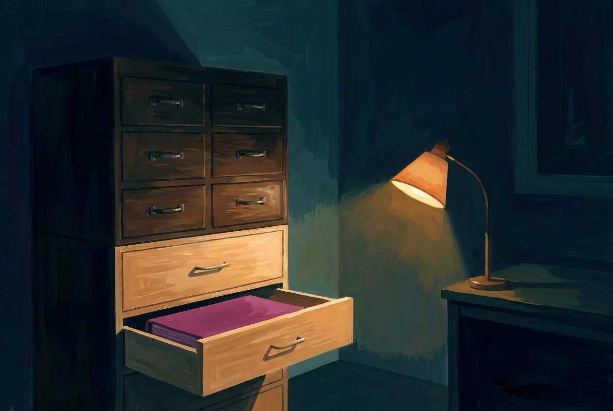 A cabinet of six dark drawers with two pale drawers fitted below, the lowest pulled open on a single folder.