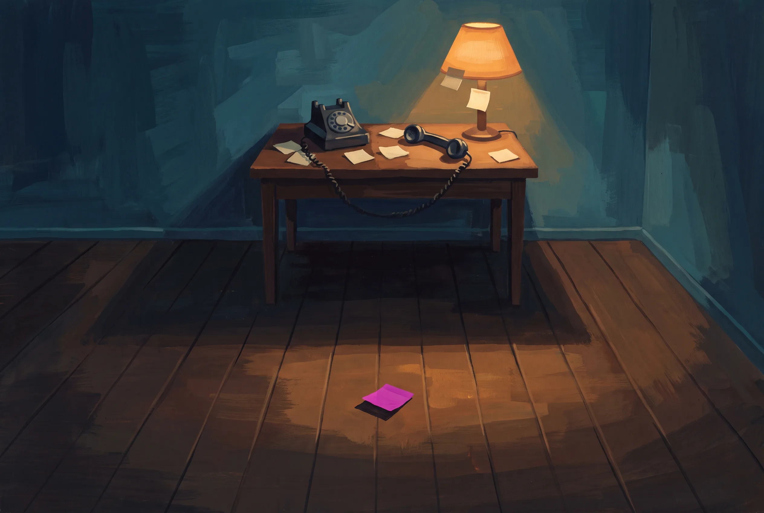 A lamp-lit desk at night with a telephone receiver off its cradle and blank sticky notes scattered around it, and one sticky note lying on its own on the floor in front of the desk.