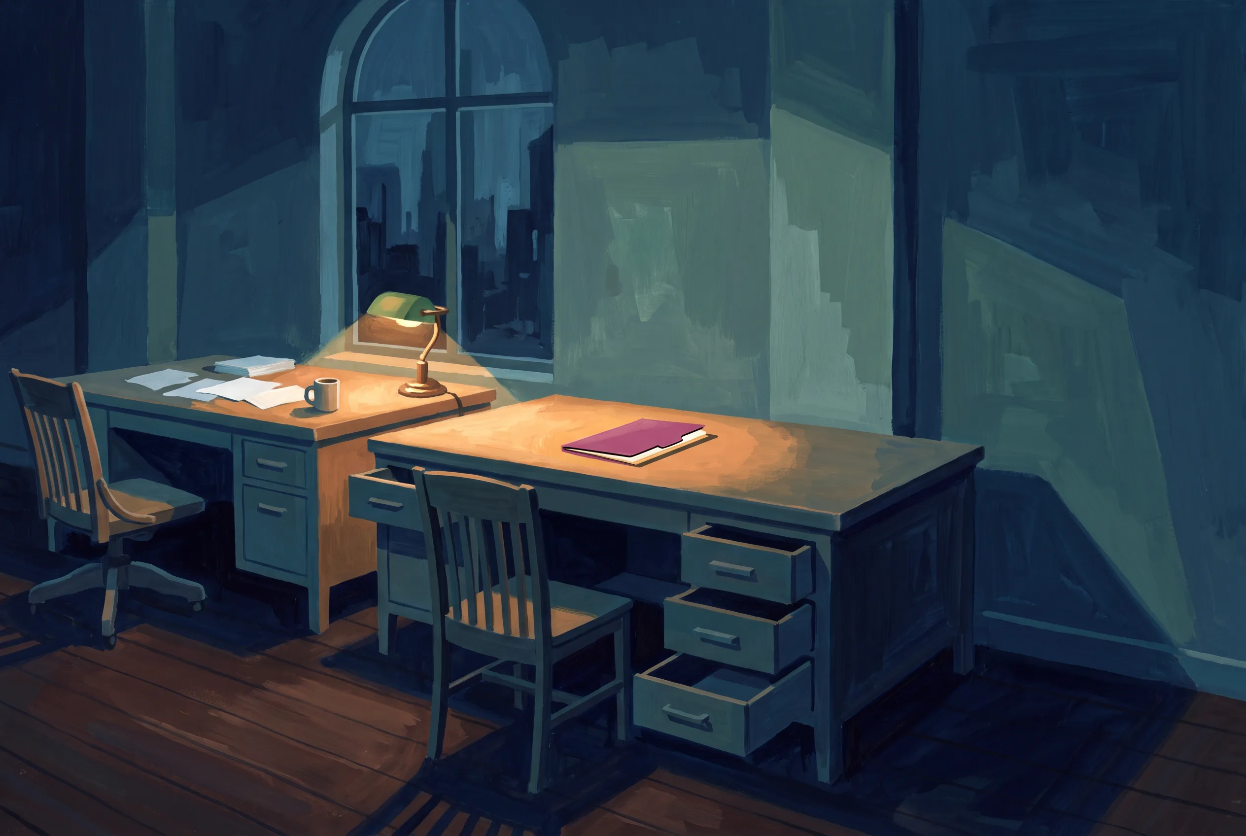 Two desks under a window at night: one in use under a lamp, the other cleared, its drawers open and empty, with a single folder left on top.