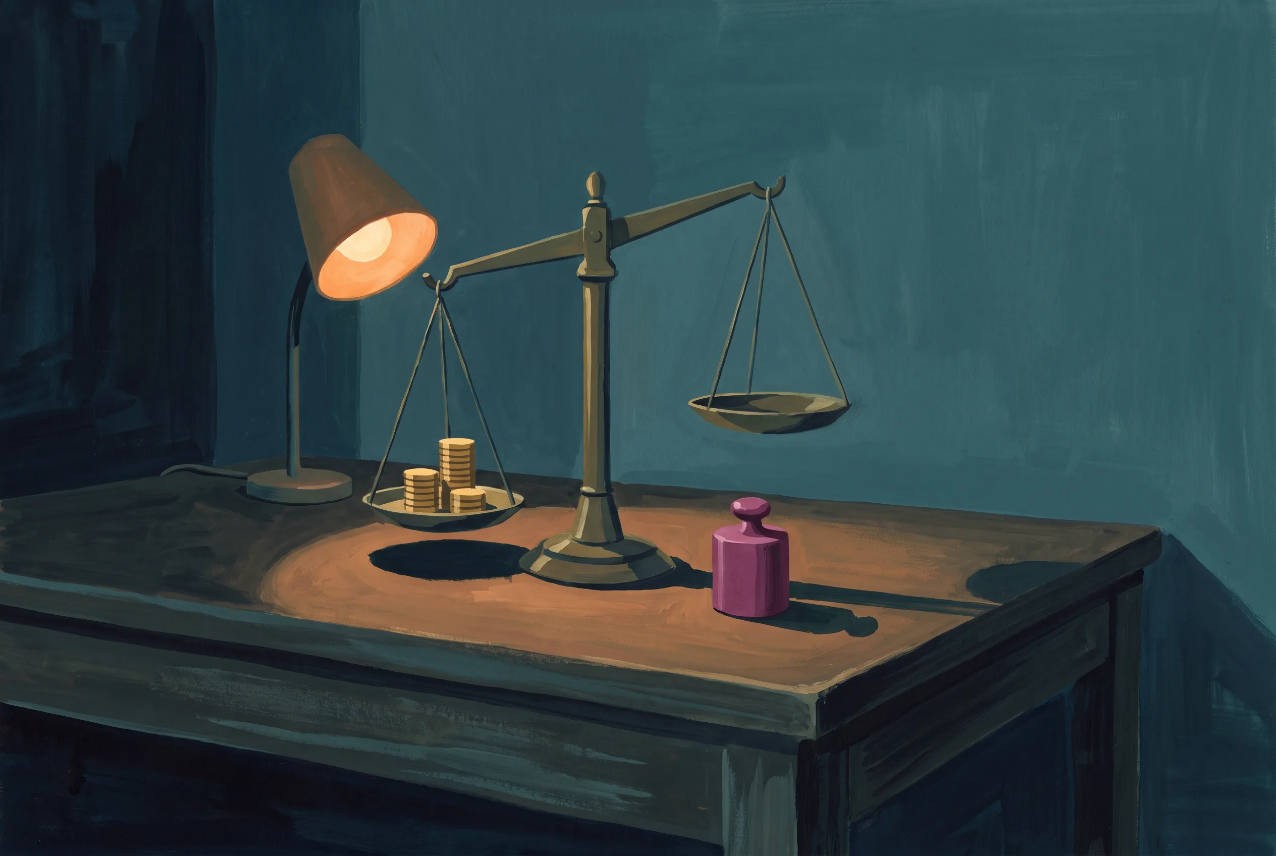 A brass balance scale on a lamp-lit desk at night: one pan weighed down with coins, the other empty and raised, and a single weight standing on the desk beside it.