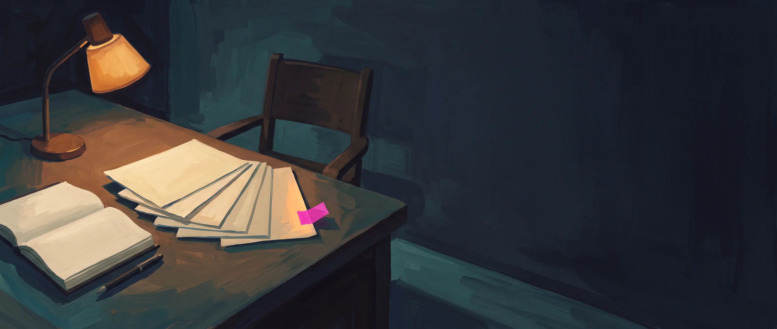 A lamp-lit desk at night with blank pages fanned across it, one small tab stuck to the edge of a page, an open notebook and a pen, and a chair pushed back beside a bare dark wall.