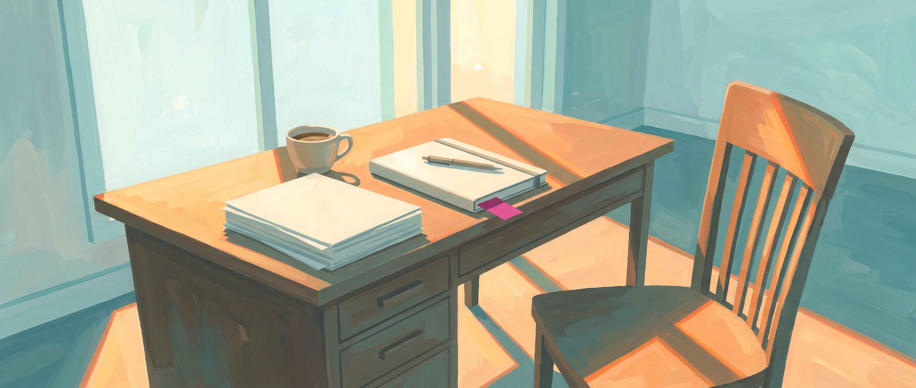 A desk in early sun by tall windows, with a squared stack of blank pages, a cup of coffee, a closed notebook with a pen across it and a flag marking a page, and the chair pulled out.