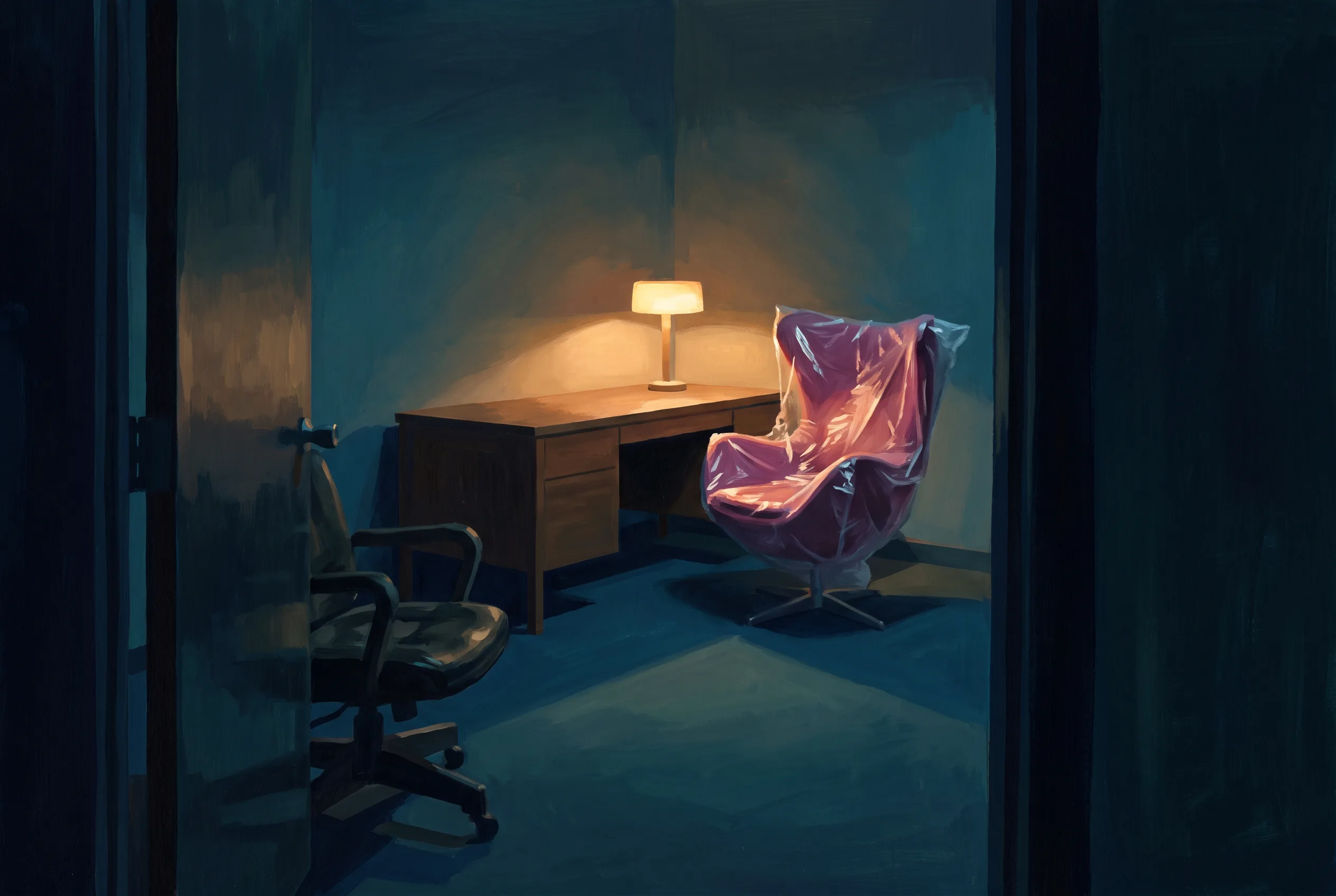 A lamp-lit office seen through its doorway at night, with a new chair still in its plastic wrap beside the desk and the old chair rolled aside.