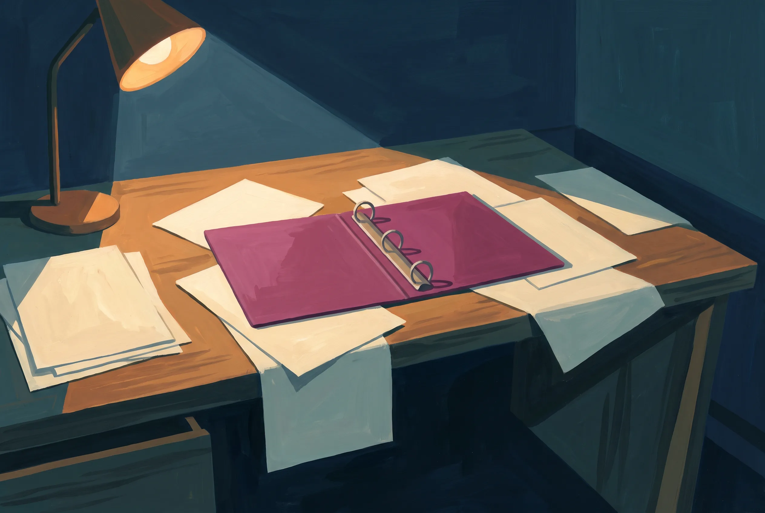 A lamp-lit desk at night strewn with loose blank sheets, some sliding off its edge, and an empty ring binder lying open in the middle with its rings standing open.