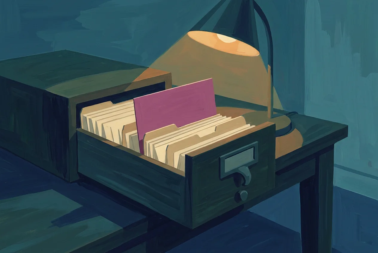 A card-file drawer pulled open under a lamp, with one card standing taller than the rest.