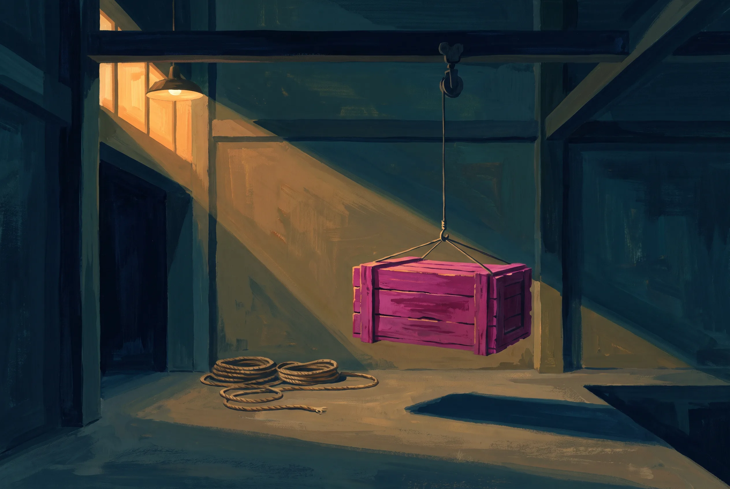 A wooden crate hanging from a single thin rope in a dark loading bay, with coils of unused rope on the floor.