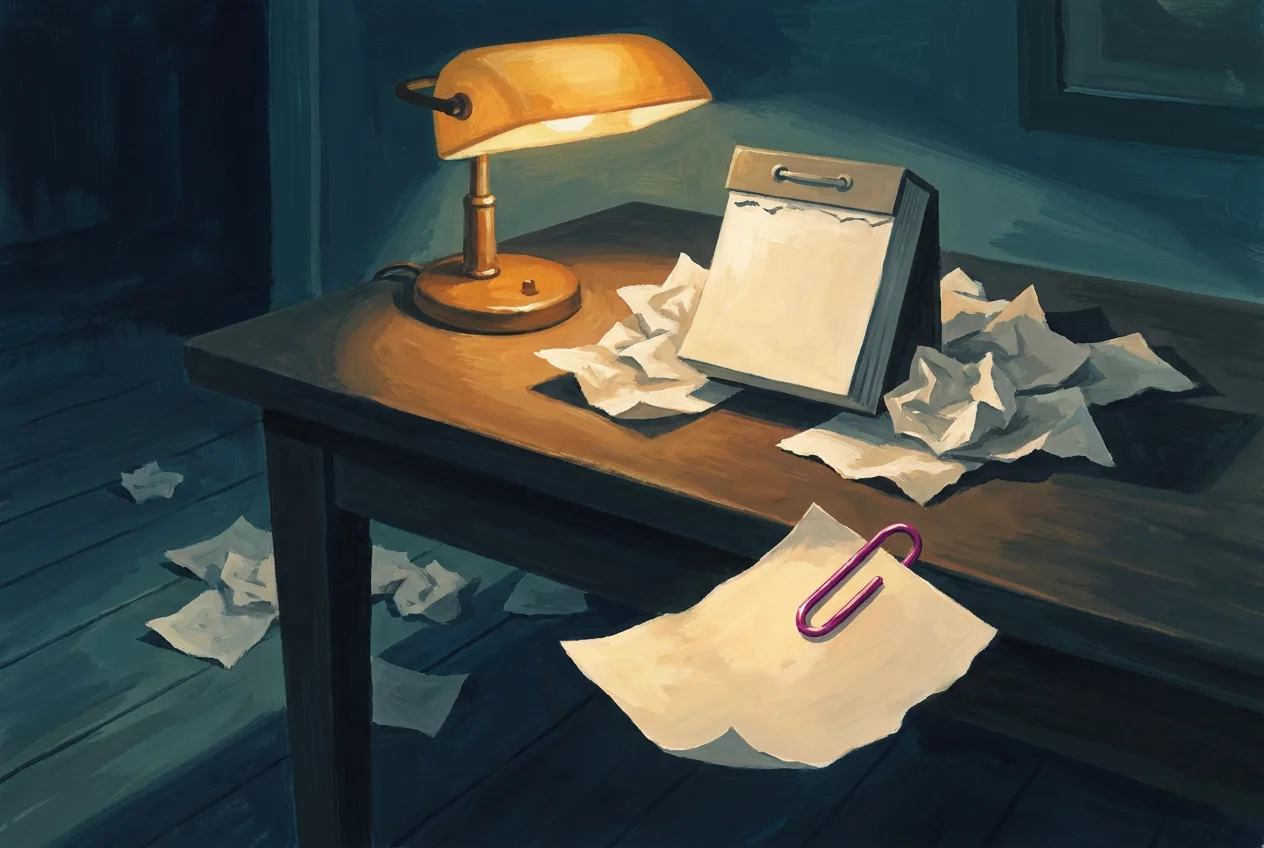 A tear-off calendar on a lamp-lit desk among crumpled pages, with one torn-off page clipped and falling to the floor.
