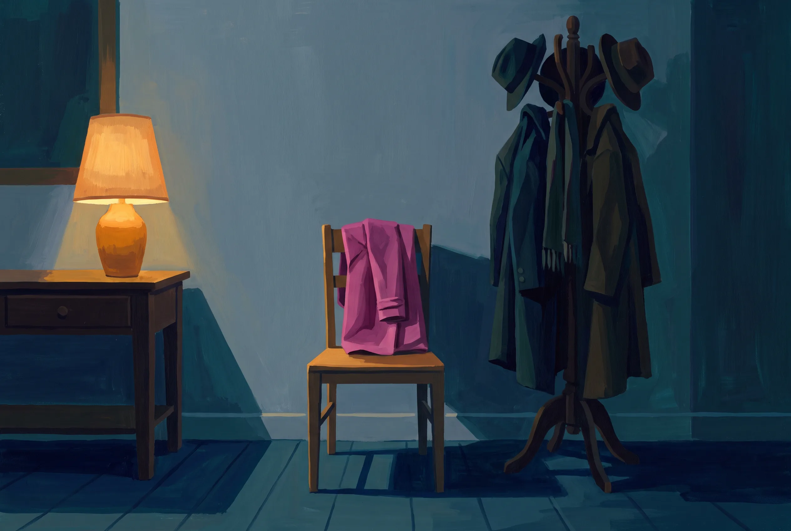 A hallway at night: a coat stand full of dark coats and hats, and beside it one more coat folded over the back of a wooden chair.