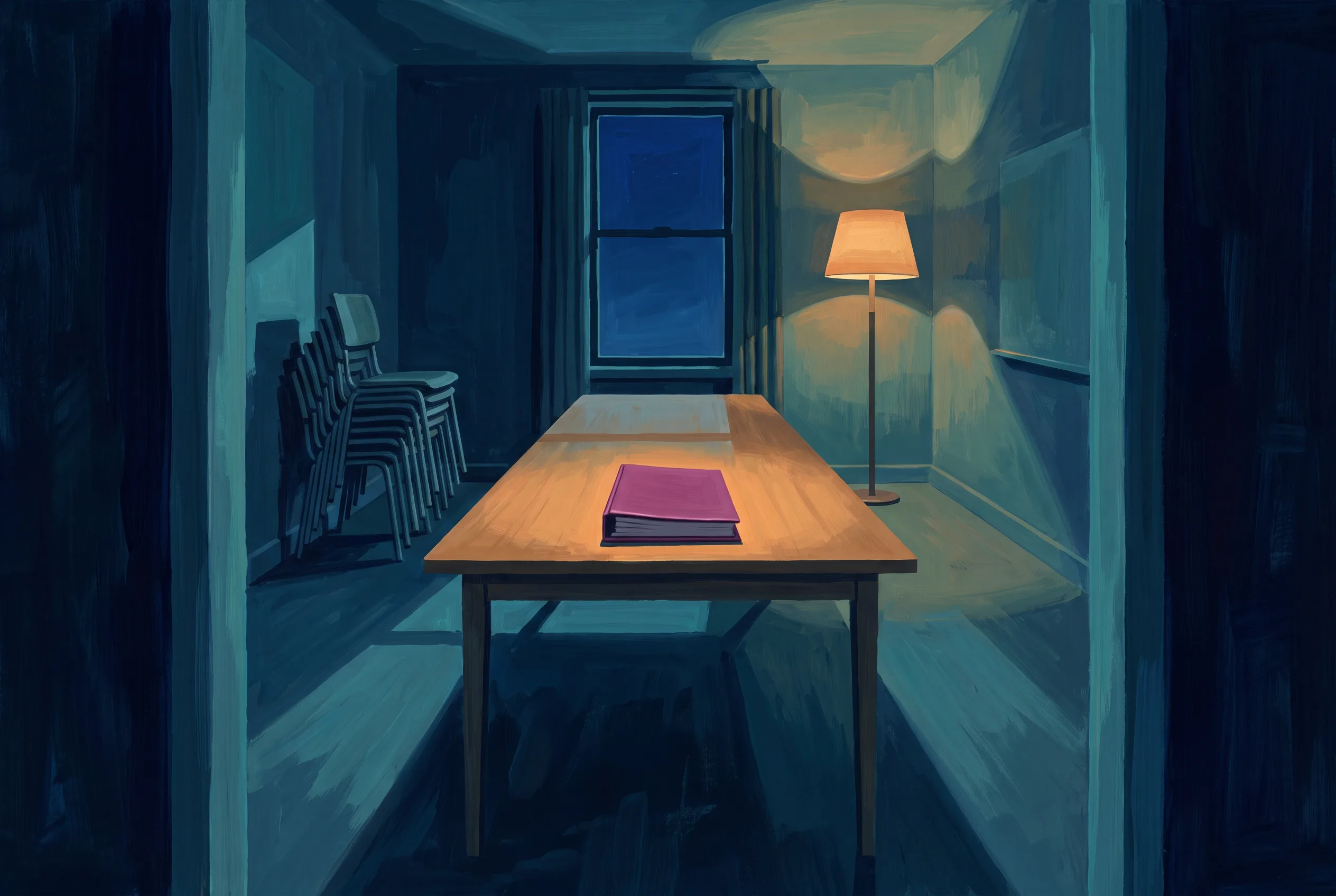A meeting room seen through its doorway at night, every chair still stacked against the wall, and one bound document alone on the bare table in a floor lamp’s light.