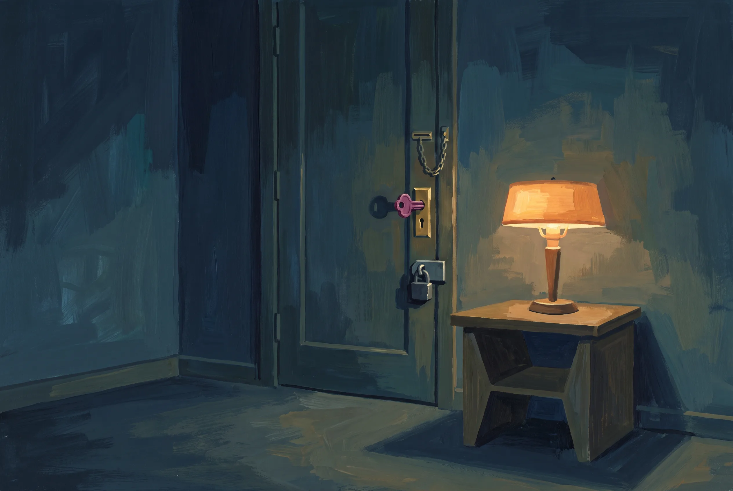 A closed door at night with a chain, a deadbolt and a padlock down its edge, and a single key in the deadbolt.