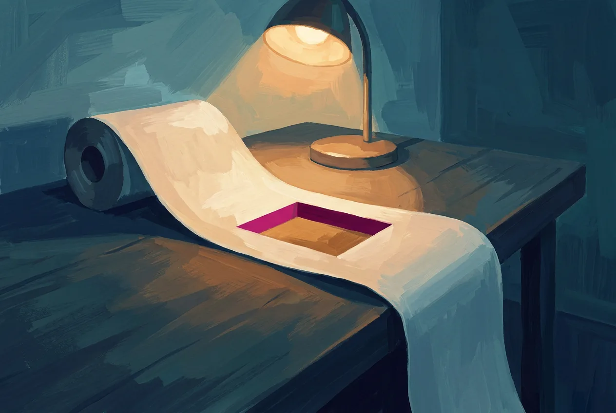 A long strip of paper unrolled across a desk under a lamp, with one rectangle cut out of it.