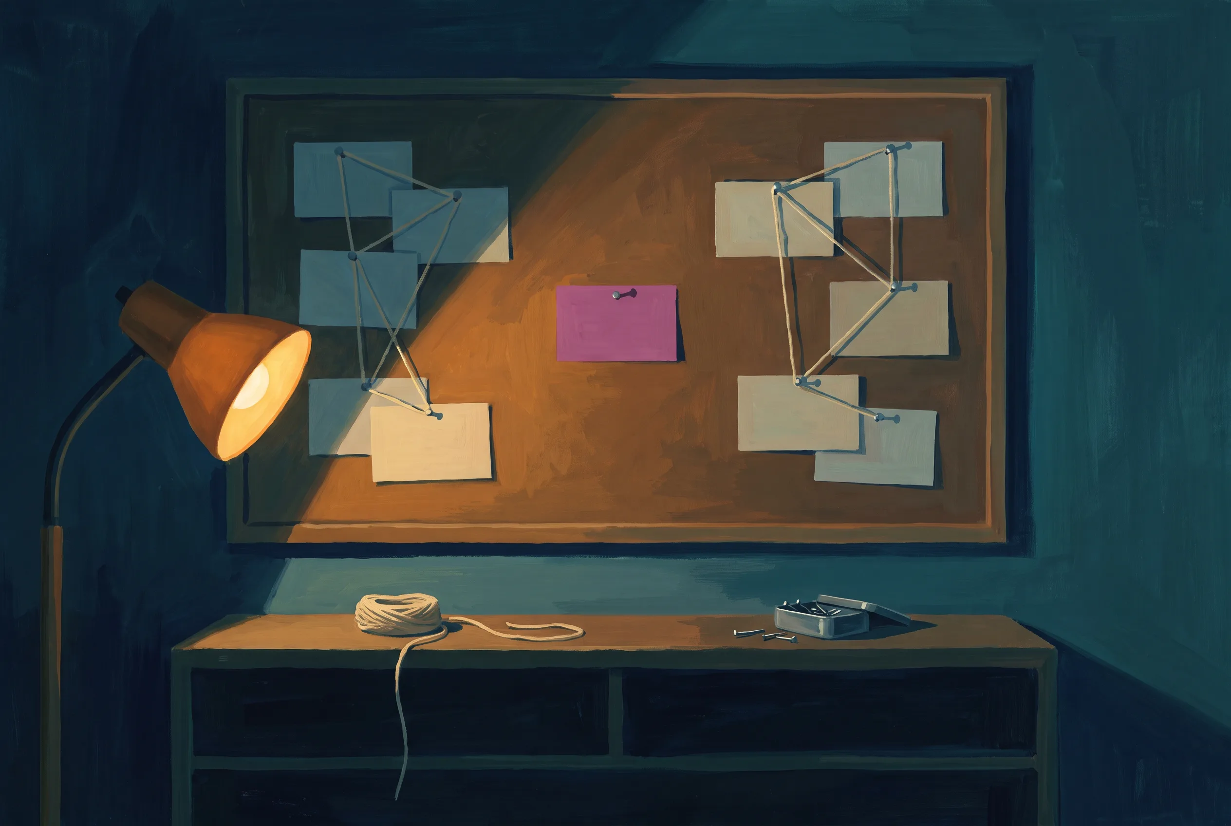 A cork board over a desk at night: blank cards pinned in two groups, each joined by string, and one card pinned alone in the middle with no string running to it.